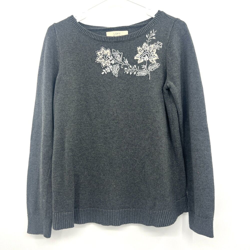 LOFT Womens M Gray Floral Embroidered Boat Neck Cotton Pullover Sweater